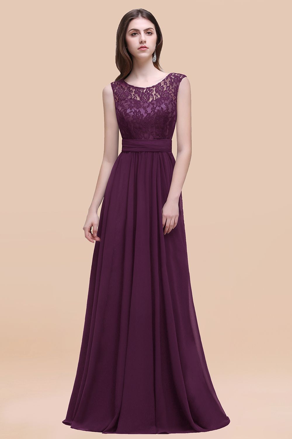 Elegant A-line Chiffon Lace Scoop Sleeveless Floor-Length Bridesmaid Dress
