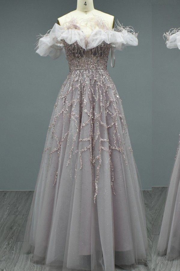 Elegant Long A-line Off the Shoulder Tulle Beading Formal Prom Dresses