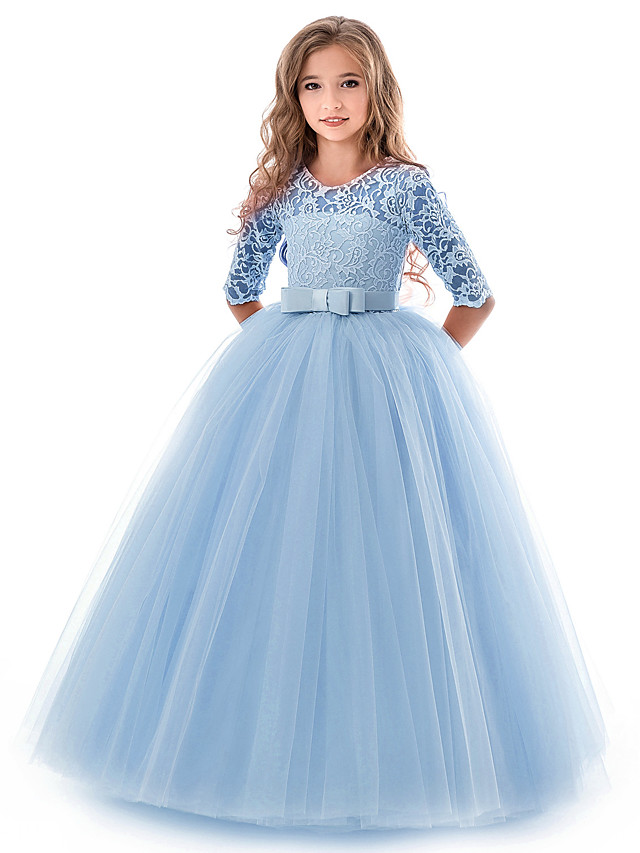 Princess Long Length Wedding / Party / Pageant Flower Girl Dresses - Lace / Tulle Half Sleeve Jewel Neck With Lace / Belt