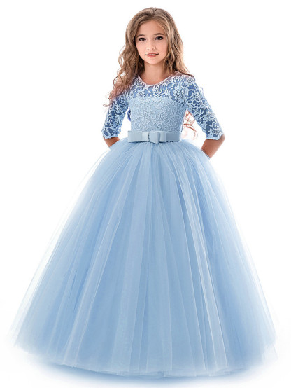 Princess Long Length Wedding / Party / Pageant Flower Girl Dresses - Lace / Tulle Half Sleeve Jewel Neck With Lace / Belt