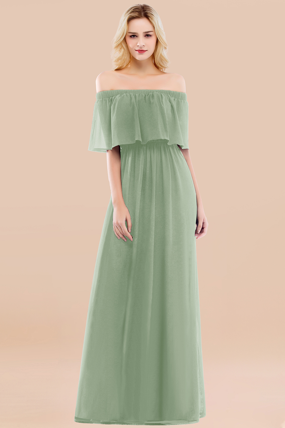 A-line Chiffon Off-the-Shoulder Short-Sleeves Ruffles Floor-length Bridesmaid Dress