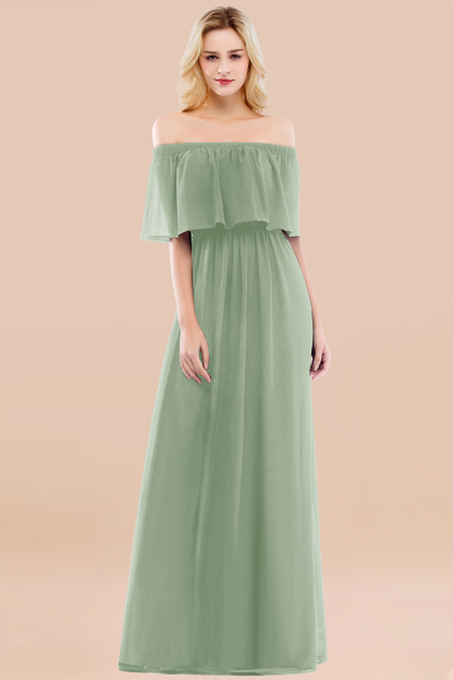 A-line Chiffon Off-the-Shoulder Short-Sleeves Ruffles Floor-length Bridesmaid Dress