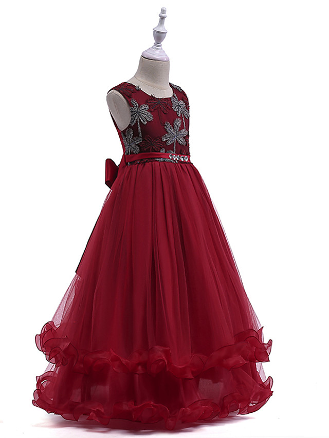 Burgundy Long A-line Tulle Sleeveless Jewel Neck Flower Girl Dresses