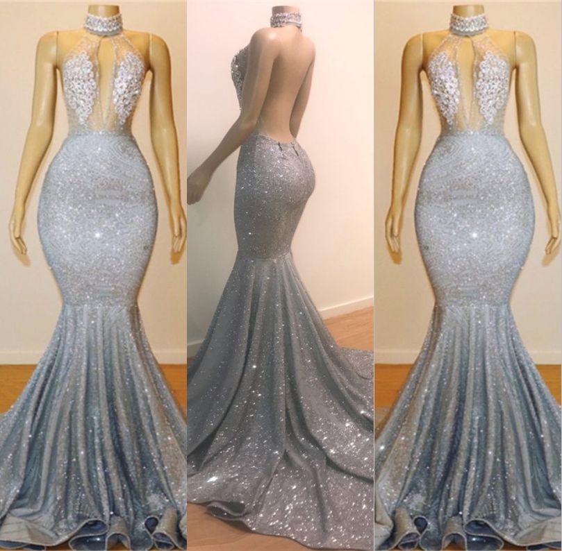 Long Halter Sequined Mermaid Open Back Prom Dress