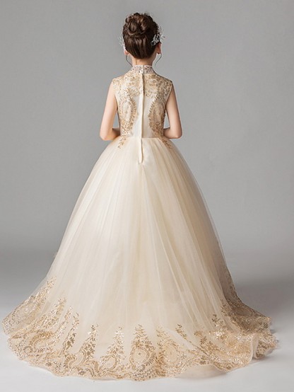 Princess Court Train Party / Pageant Flower Girl Dresses - Polyester Sleeveless Jewel Neck With Appliques