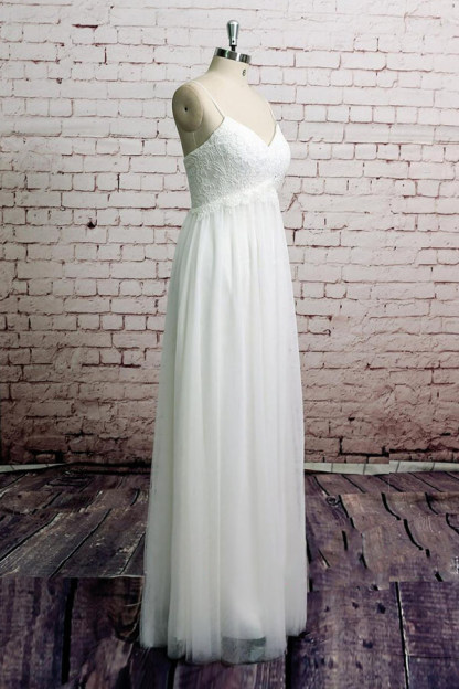 Long A-line Empire Spaghetti Strap Lace Tulle Wedding Dress