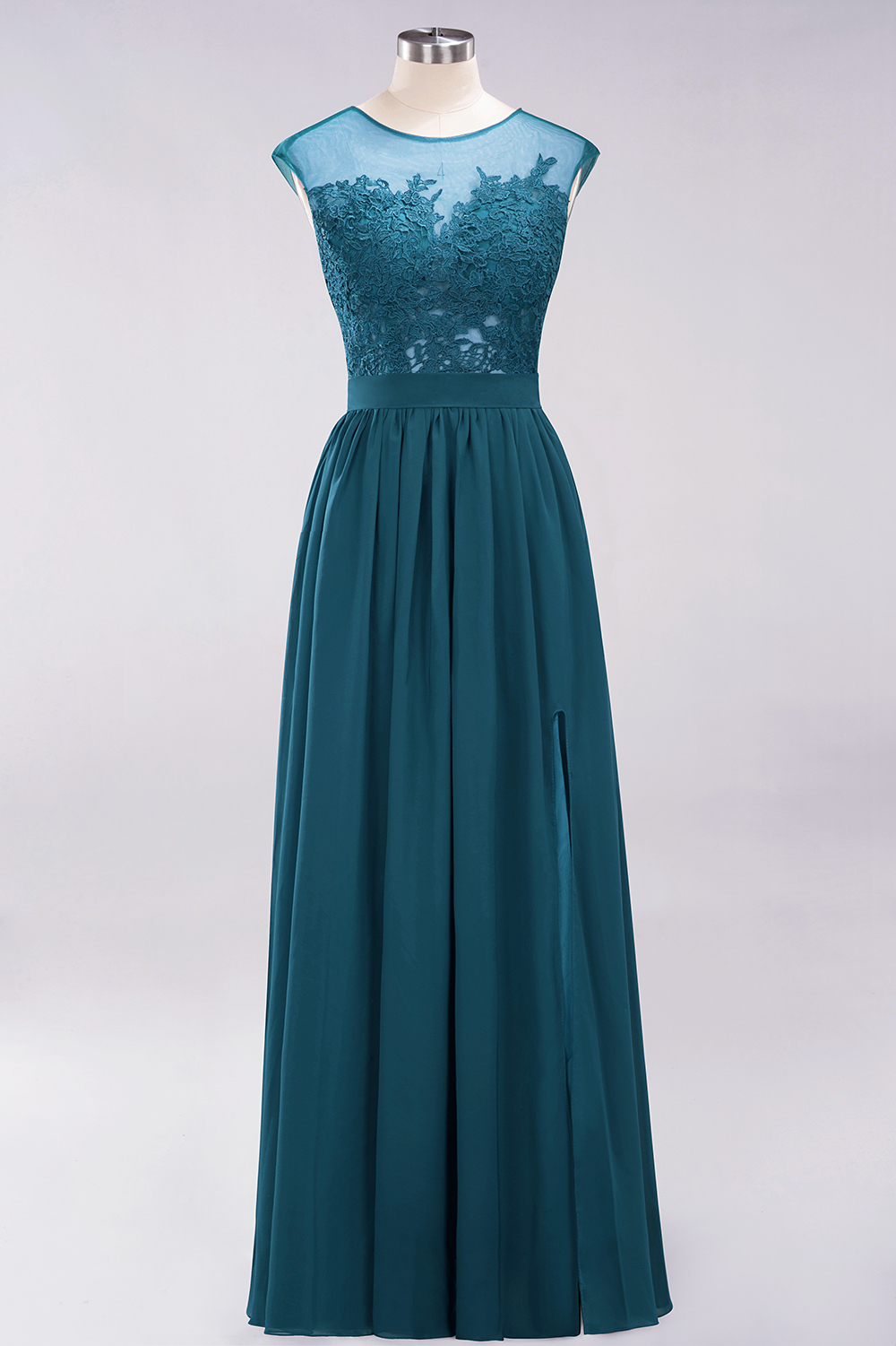 A-line Chiffon Lace Jewel Sleeveless Floor-Length Bridesmaid Dresses with Appliques