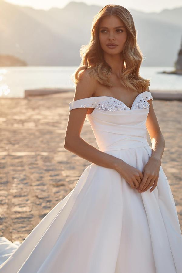 Long A-line off the Shoulder Ruched Satin Wedding Dress with Beads