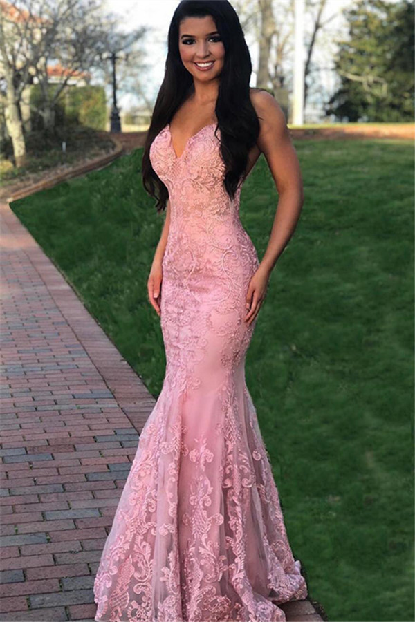 Long Mermaid V-neck Spaghetti Straps Lace Backless Prom Dress
