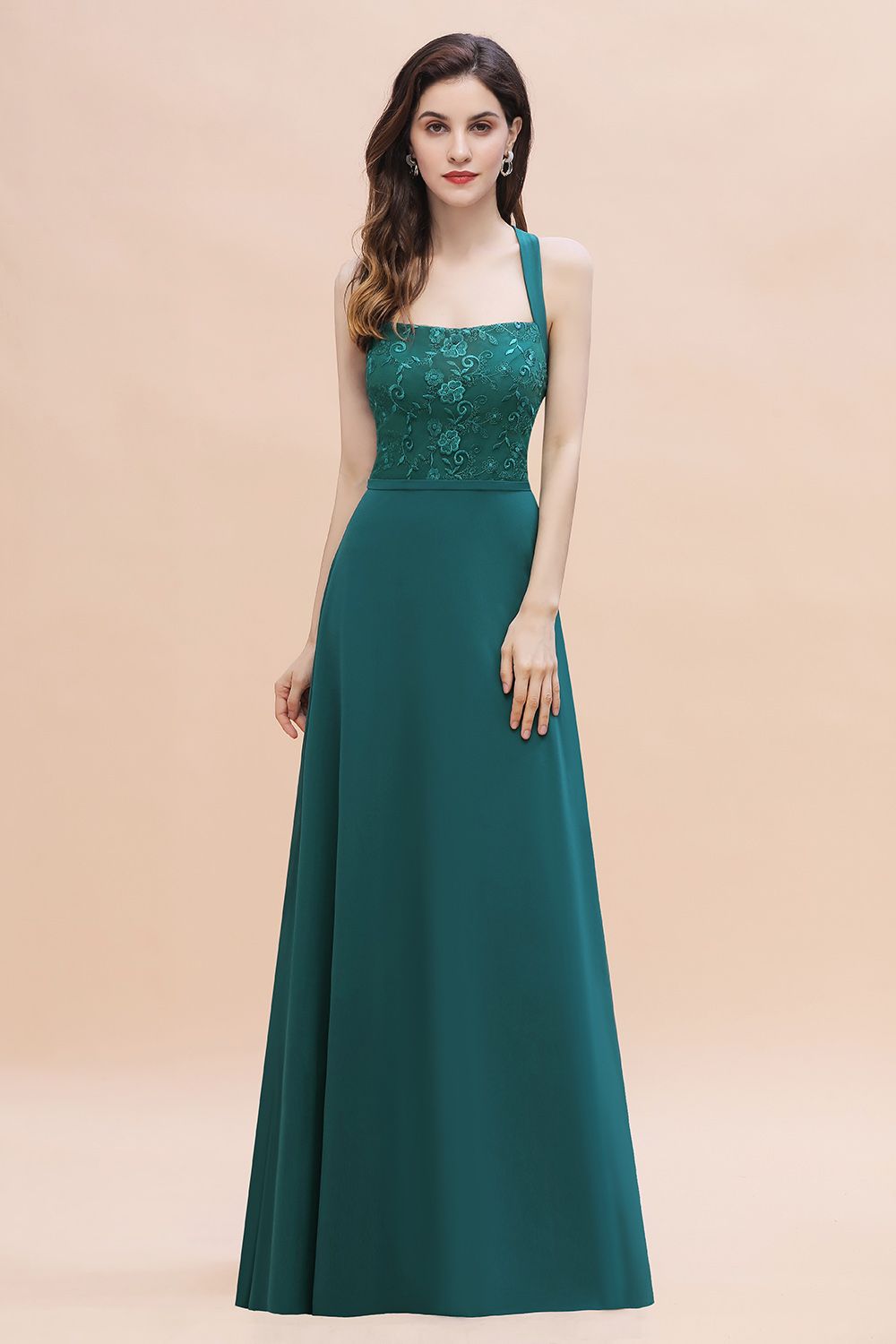 Classy Wide Straps A-Line Halter Floor-length Chiffon Bridesmaid Dress