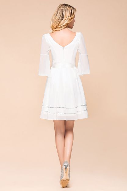 Elegant White Long Sleeve Deep V-neck A-line Knee-length Chiffon Bridesmaid Dress