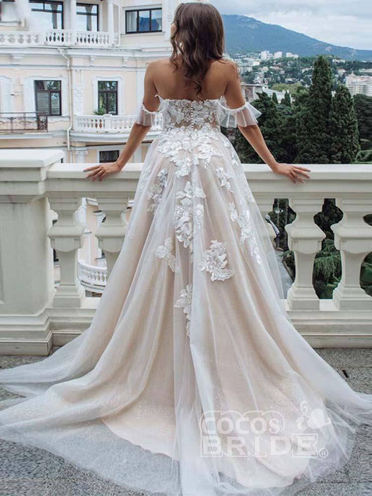 Long Off the Shoulder Lace Tulle A-Line Wedding Dresses