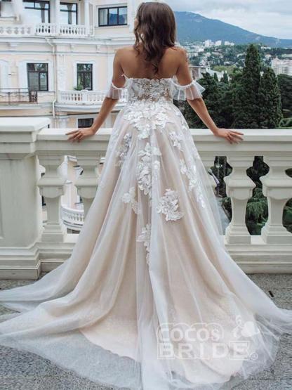 Long Off the Shoulder Lace Tulle A-Line Wedding Dresses