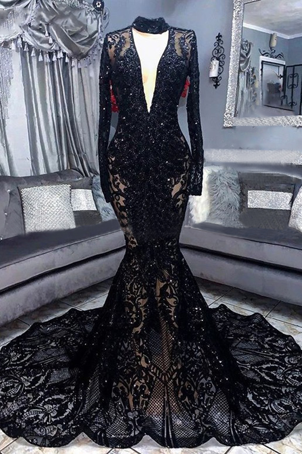 Marvelous Long Sleeves Mermaid High Neck Sequins Prom Dress