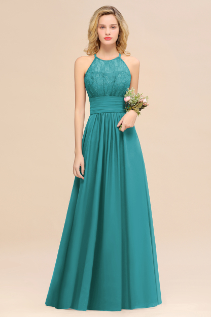 Elegant Halter Ruffles Sleeveless Grape Lace Bridesmaid Dresses Affordable