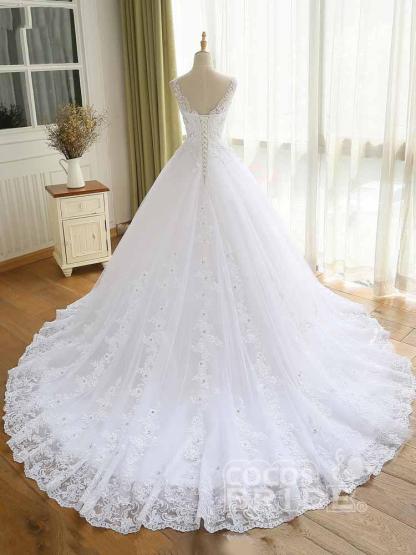 Modest White Long A-line V-Neck Tulle Lace-up Wedding Dresses