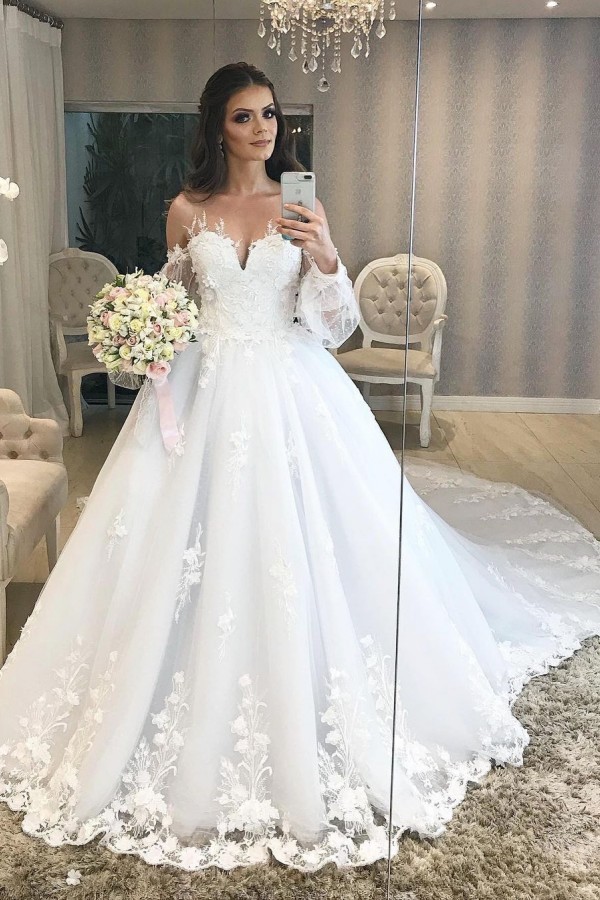 Elegant Long A-line Princess Off-the-shoulder Tulle Wedding Dress with Bubble Sleeves