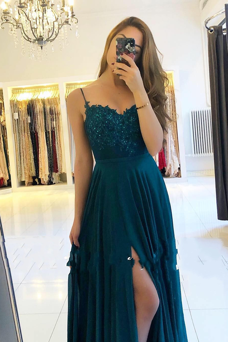 Spaghetti Straps Lace A-Line Ruffles Floor-length Prom Dress With Side Slit