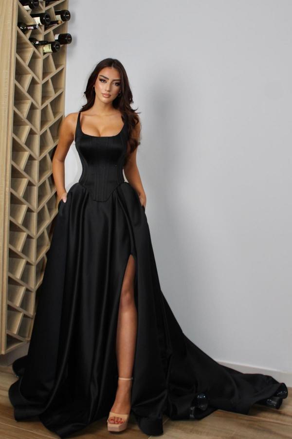 Black Long A-line Satin Front Slit Formal Prom Dresses with Pockets