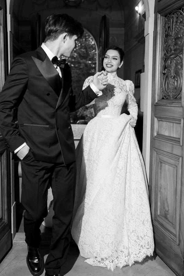 Lace A-Line Ruffled High Neck Long Sleeve Floor Length Wedding Dress