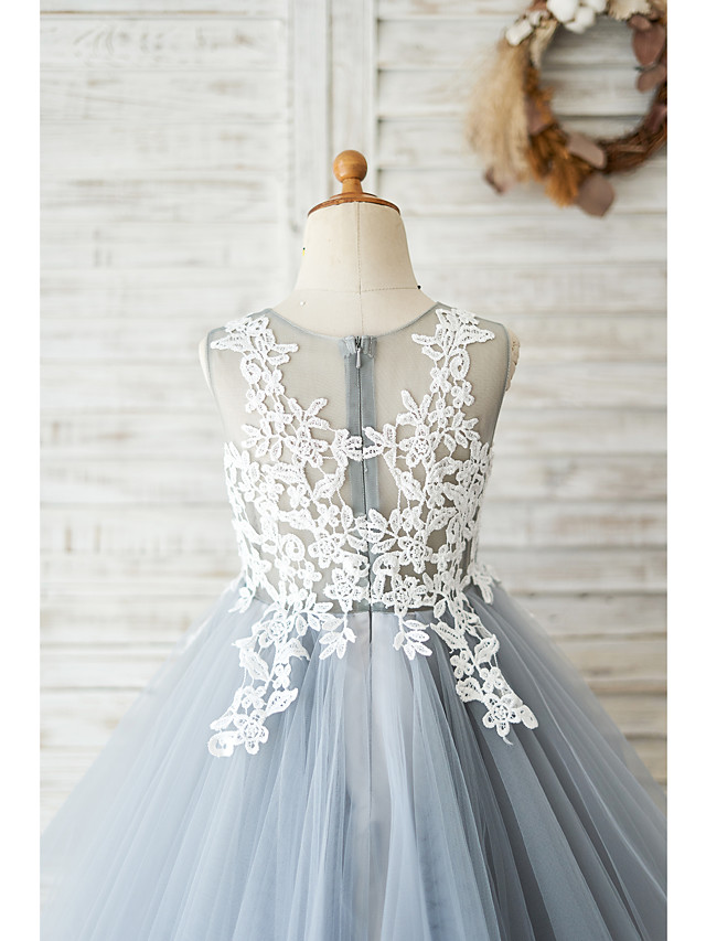 Short Ball Gown Tulle Lace Sleeveless Jewel Neck Flower Girl Dresses