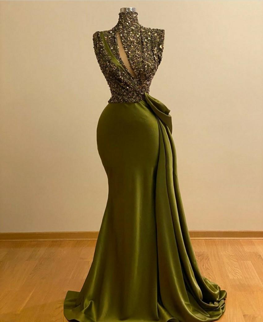 Unique Long Mermaid High Neck Prom Dress Sequins With Ruffle