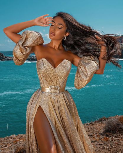 Glitter Long A-line Sweetheart Sequined Formal Prom Dress with Slit