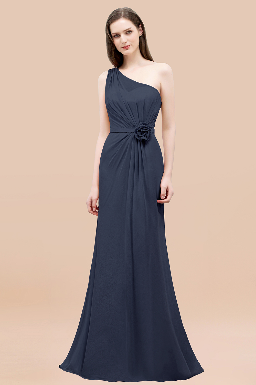 Mermaid Chiffon One-shoulder Sleeveless Ruffled Floor-Length Bridesmaid Dresses with Flower