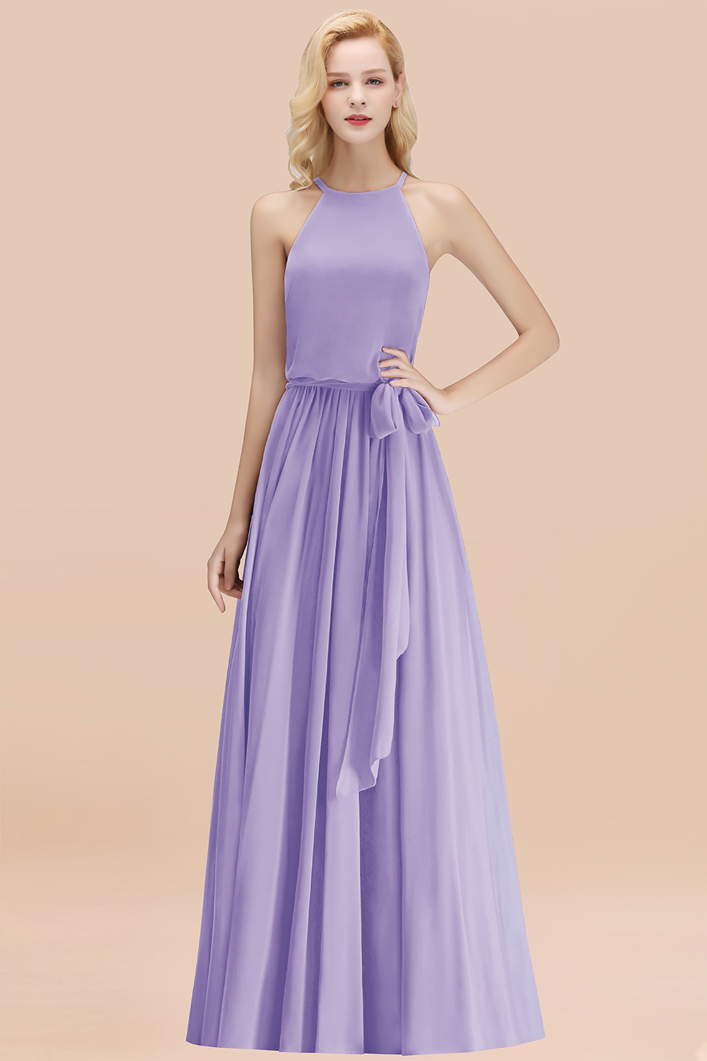Modest Long A-line Halter Chiffon Bow Lilac Bridesmaid Dresses