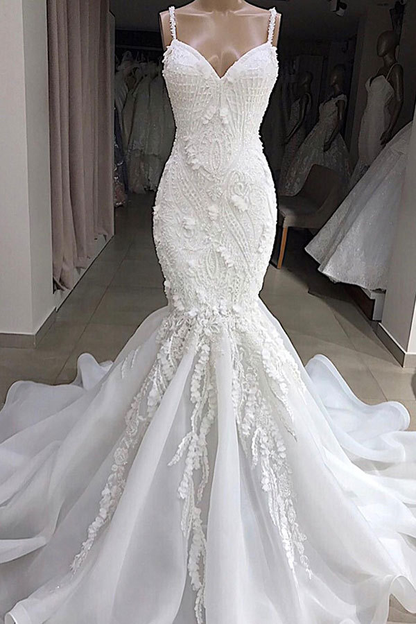 Long Spaghetti Strap Appliques Lace Backless Mermaid Wedding Dress