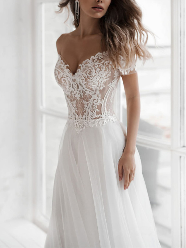 Long Off the Shoulder A-Line Lace Tulle Wedding Dresses with Short Sleeves