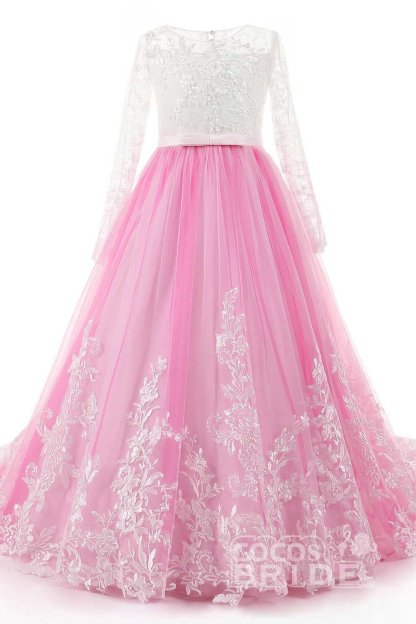 Scoop Neck Long Sleeves Ball Gown Flower Girls Dress