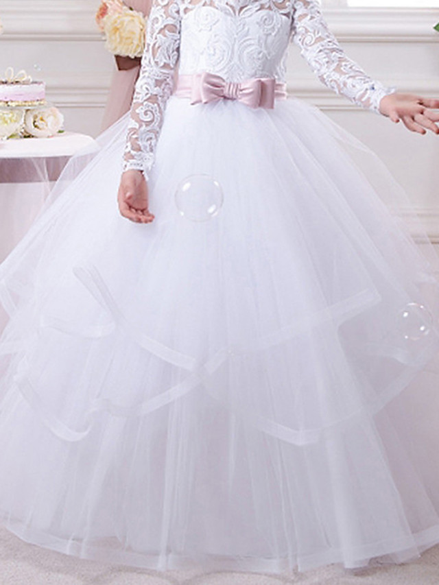 White Long Ball Gown Tulle Lace Flower Girl Dresses with Sleeves