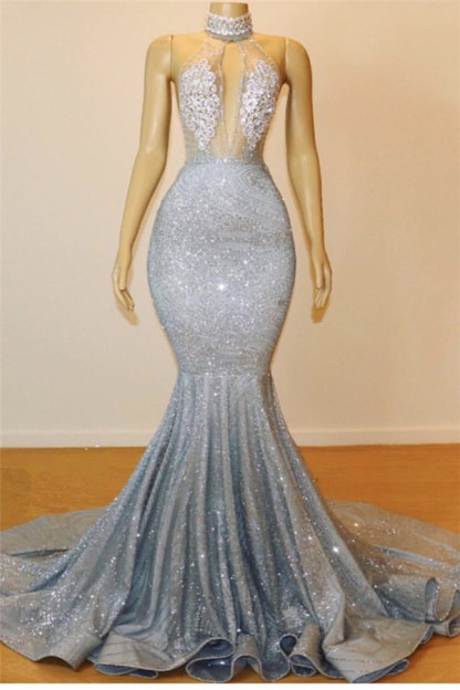 Glamorous Long Mermaid Halter Sleeveless Backless Prom Dress