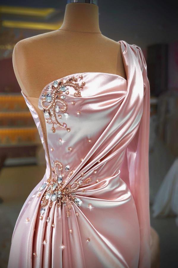 Long Mermaid One Shoulder Satin Front Slit Prom Dresses with Sleeves