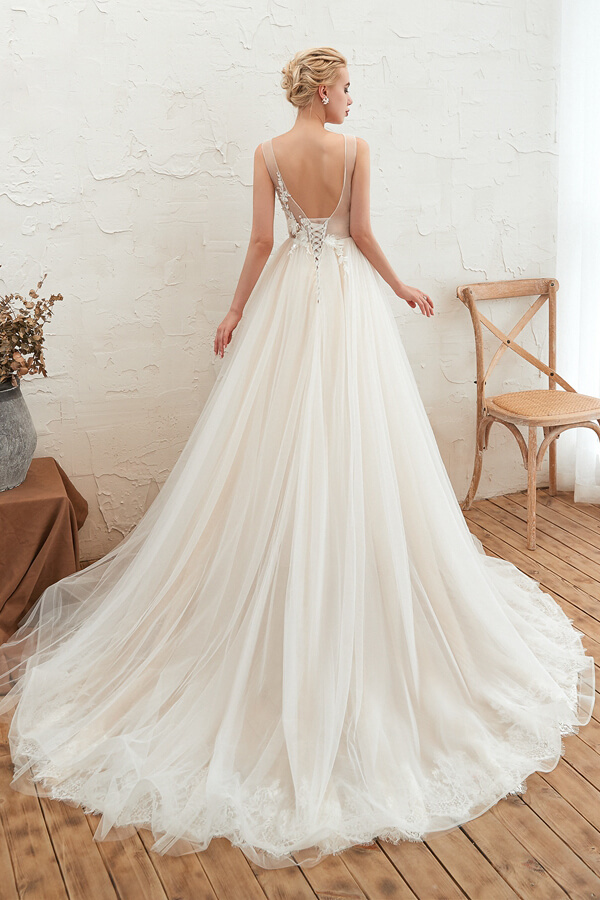 Long A-line V-neck Chapel Train Tulle Wedding Dress
