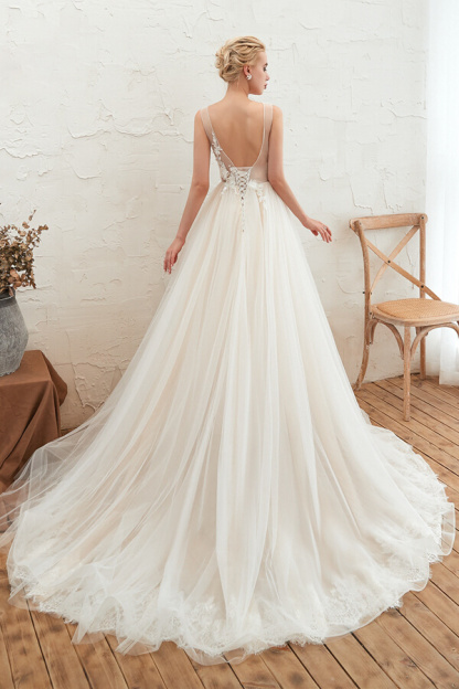 Long A-line V-neck Chapel Train Tulle Wedding Dress