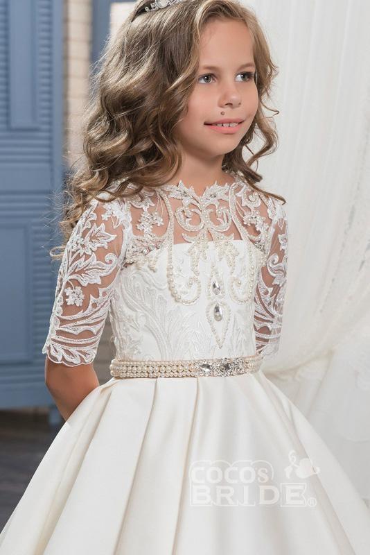 White Scoop Neck 1/2 Sleeves Trumpet Flower Girls Dress