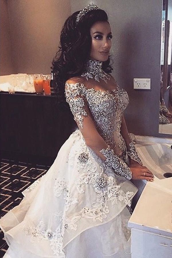 Glamorous Long Sleeves Tulle High Neck Appliques Wedding Dresses with Detachable Overskirt