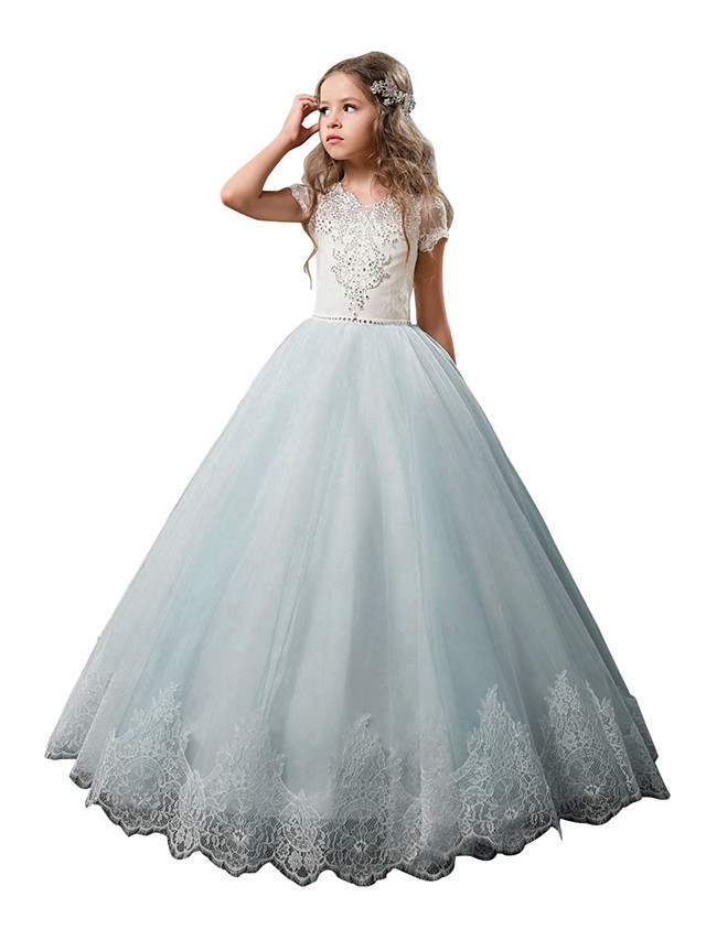 Princess Floor Length Wedding / Birthday / First Communion Flower Girl Dresses - Cotton / Nylon With A Hint Of Stretch / Lace / Tulle Short Sleeve Jewel Neck With Lace / Crystals / Rhinestones