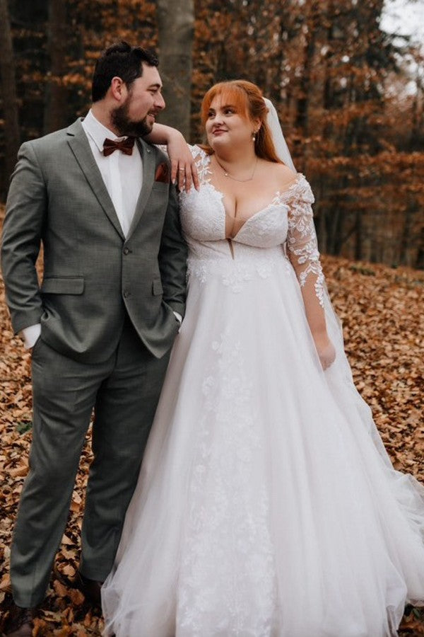 Cocosbride Deep V-neck Long Sleeves Plus Size Ball Gown Wedding Dresses