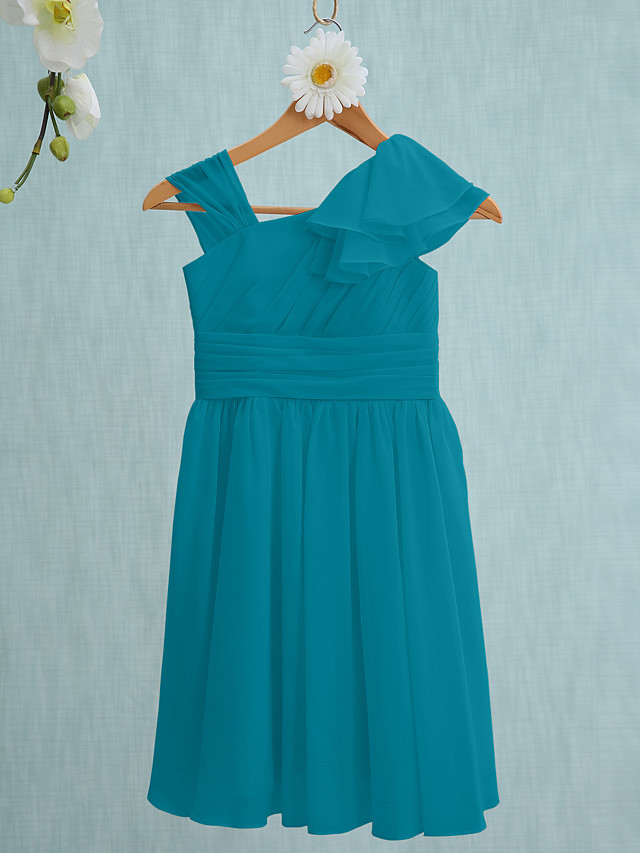 Sheath / Column Straps Knee Length Chiffon Junior Bridesmaid Dress With Ruffles / Side Draping / Natural