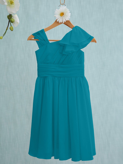Sheath / Column Straps Knee Length Chiffon Junior Bridesmaid Dress With Ruffles / Side Draping / Natural