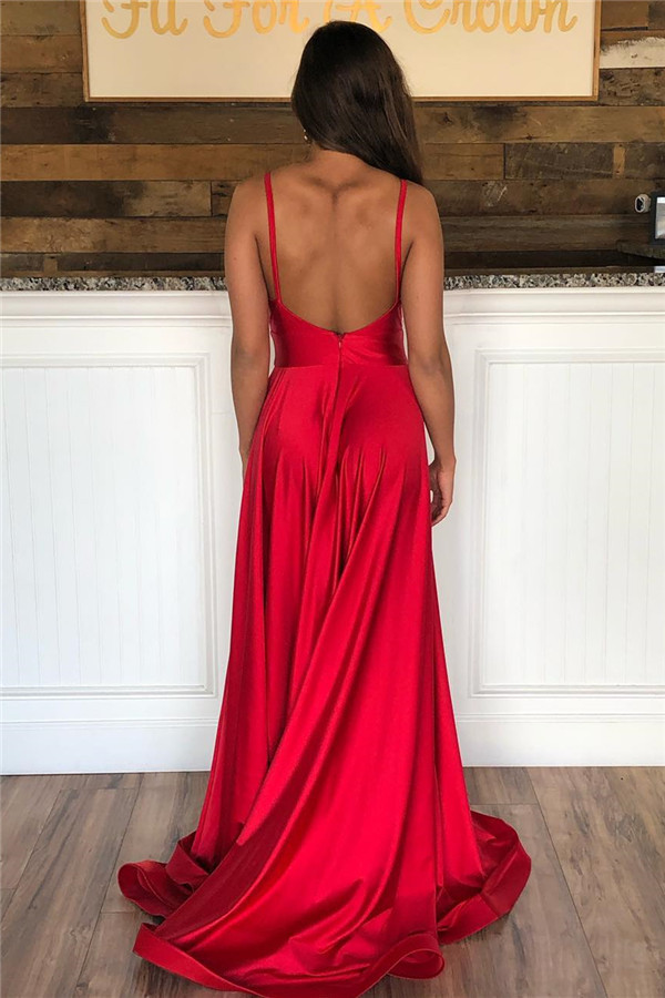 Spaghetti Straps Open Back V-neck A-line Ruffles Prom Dress With Side Slit
