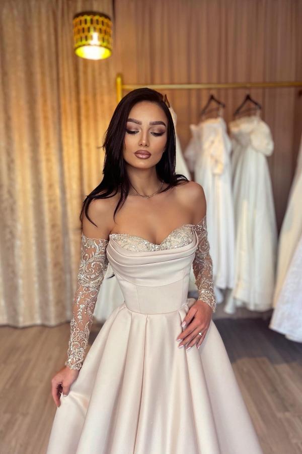 Elegant Long A-line Sweetheart Floor length Satin Lace Prom Dresses with Sleeves