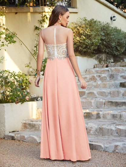 Gorgeous Long A-line Chiffon Lace Sleeveless Prom Dresses