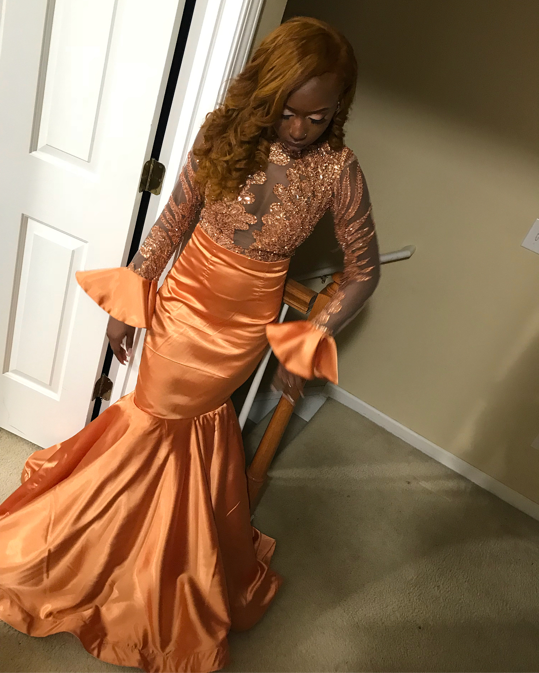 Elegant Long Jewel Satin Mermaid Prom Dress with Sleeves  COCOSBRIDE
