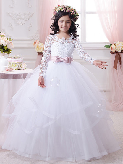 White Long Ball Gown Tulle Lace Flower Girl Dresses with Sleeves