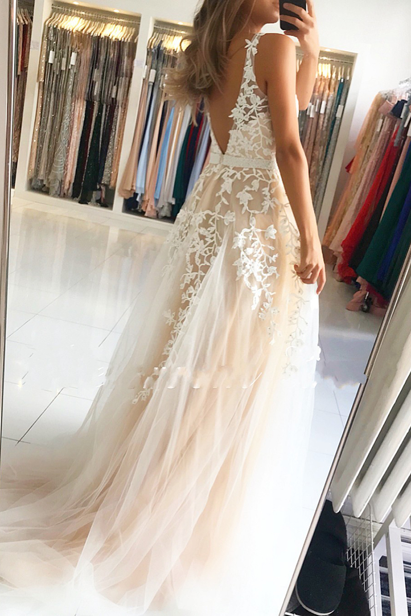 Delicate V-neck Open Back Lace Floor-length A-Line Ruffles Prom Dress