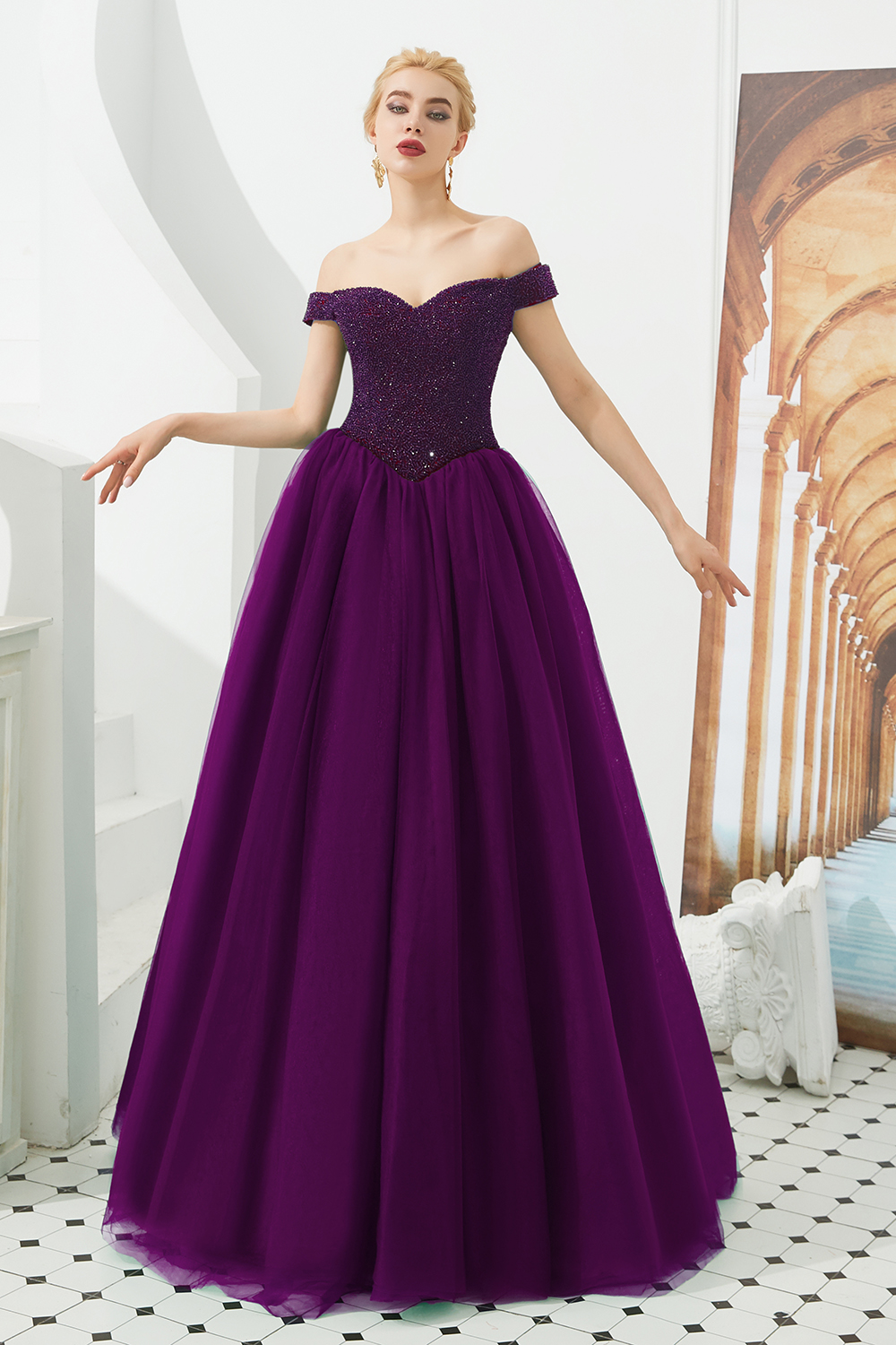 Long A-line Off the Shoulder Tulle Sequin Formal Dresses